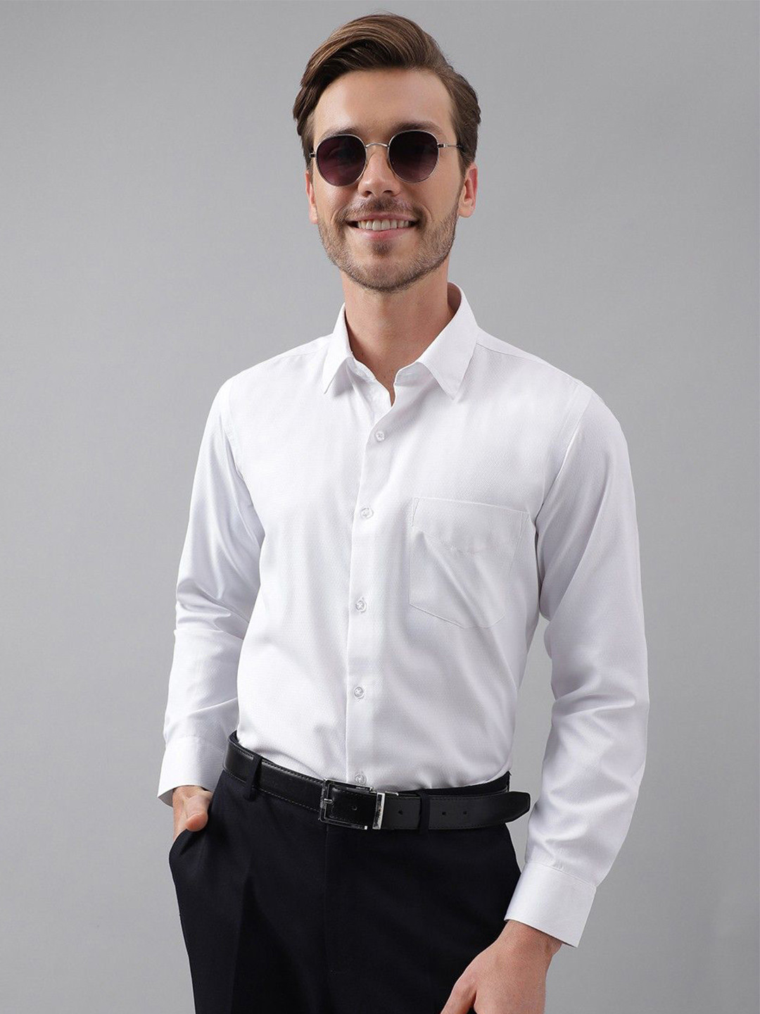 English Navy Men Self Design Slim Fit Opaque Wrinkle Resistant Formal Shirt