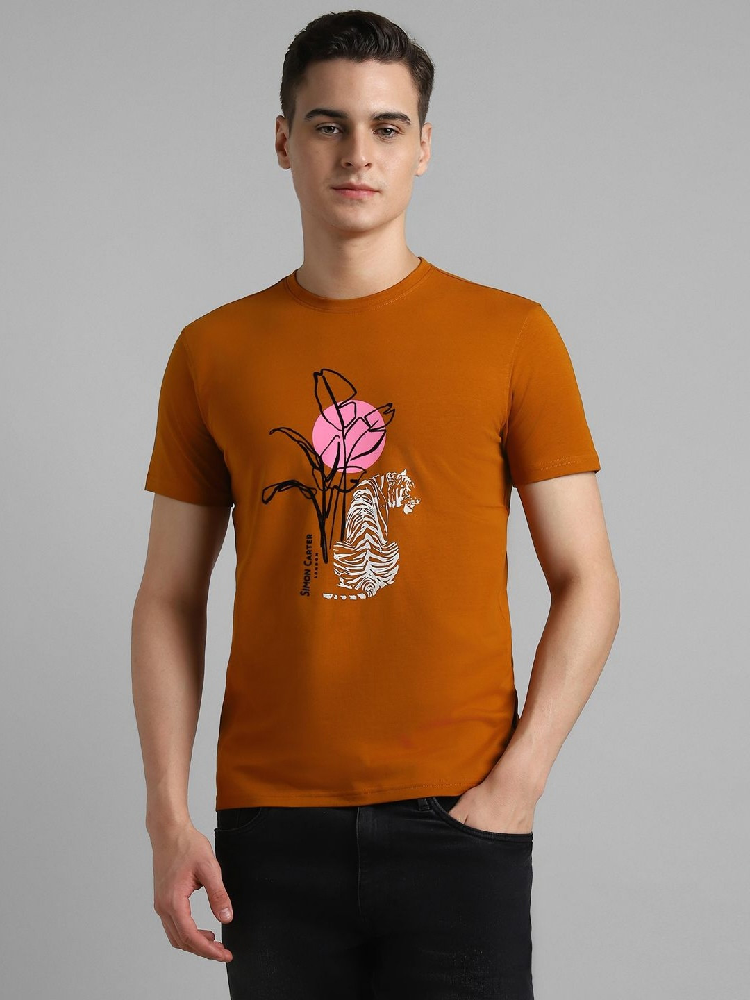 SIMON CARTER LONDON Men Animal Printed Round Neck Cotton Slim Fit T-Shirt