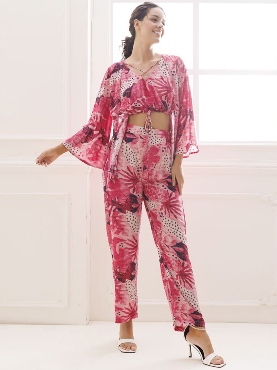 Ragavi Printed V-Neck Shrug With Top & Trouser