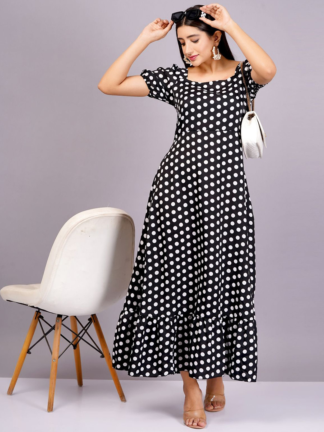 HIGHLIGHT FASHION EXPORT Polka Dot Print Crepe Maxi Dress
