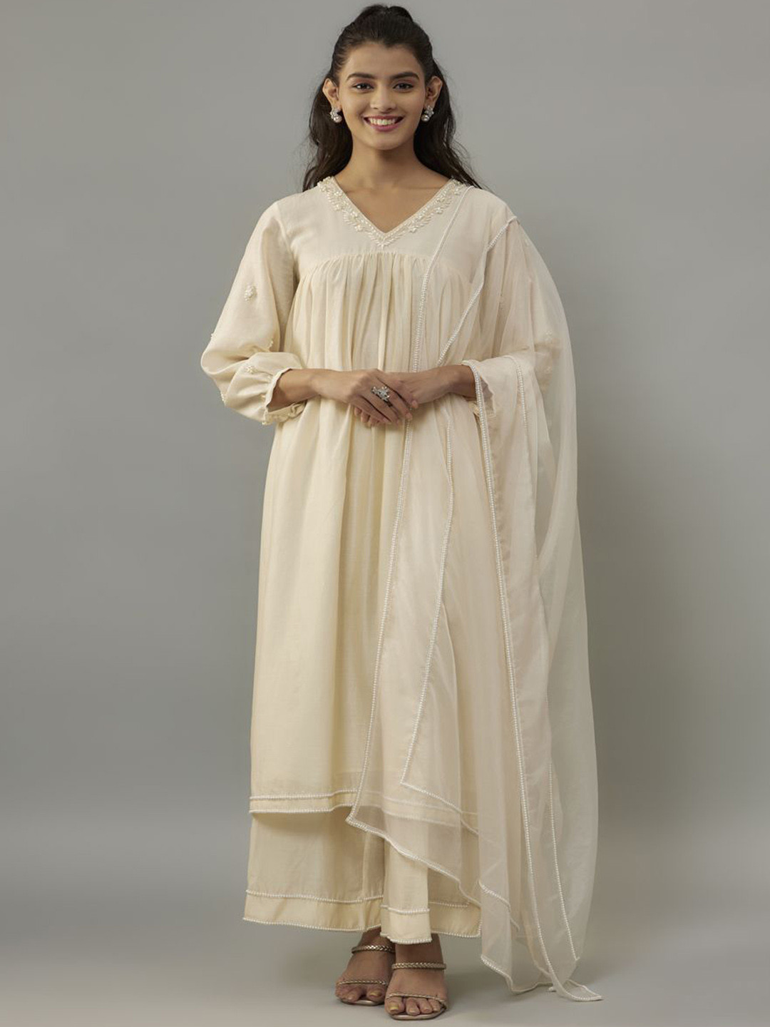 The Aarya Alia Cut Floral Yoke Design Zardozi V-Neck Empire Anarkali Kurta With Palazzos & Dupatta