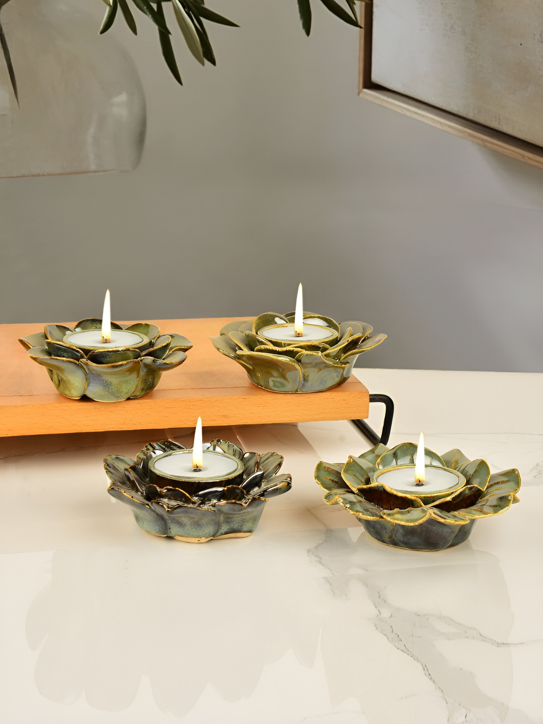 StyleMyWay 4 Pcs Dove Blue Ceramic Textured Candle Holder