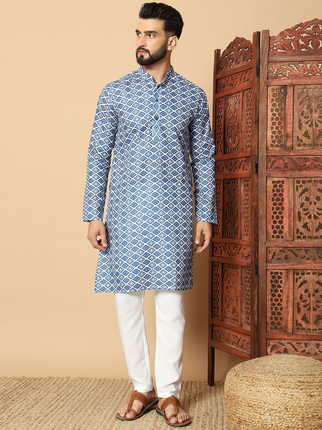 FoxDX Geometric Printed Mandarin Collar Pure Cotton Straight Kurta