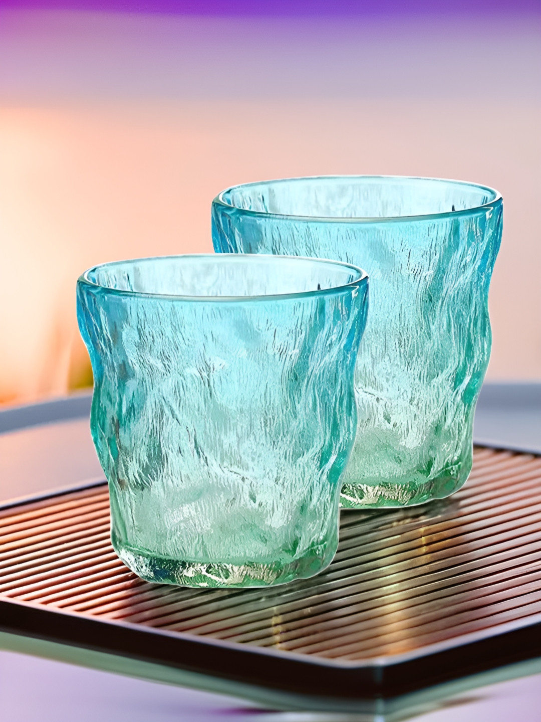 UMAI Blue 2 Pieces Textured Glass Water Glasses 270 ml