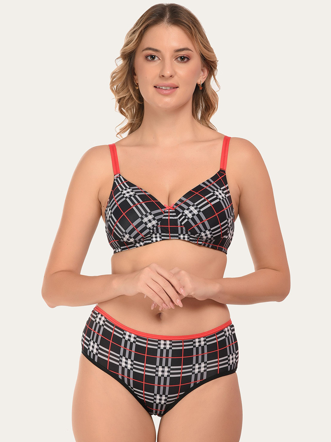 DressBerry Checked Lightly-Padded Lingerie Set-5036-BLACK