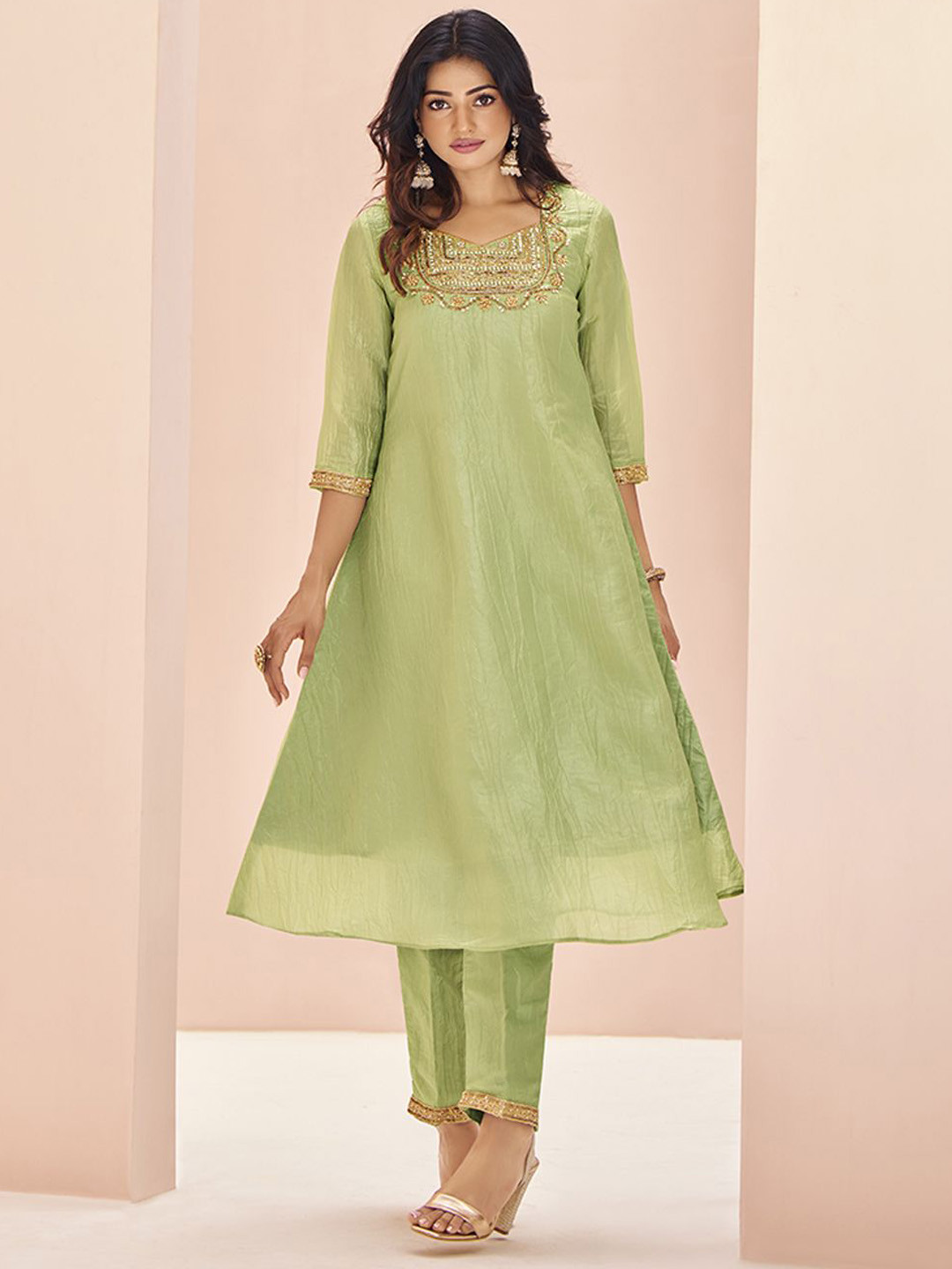 Fusionic A-Line Organza Beads & Stones Kurta with Trousers