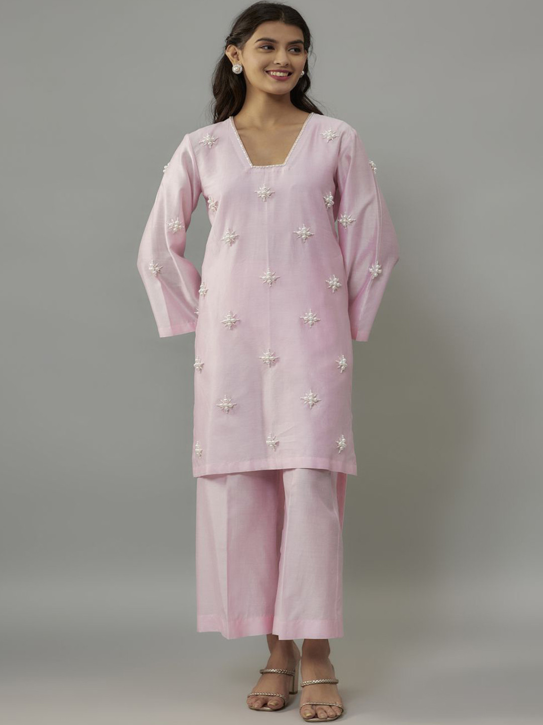 The Aarya Embroidered Beads and Stones Chanderi Cotton Straight Kurta with Palazzos
