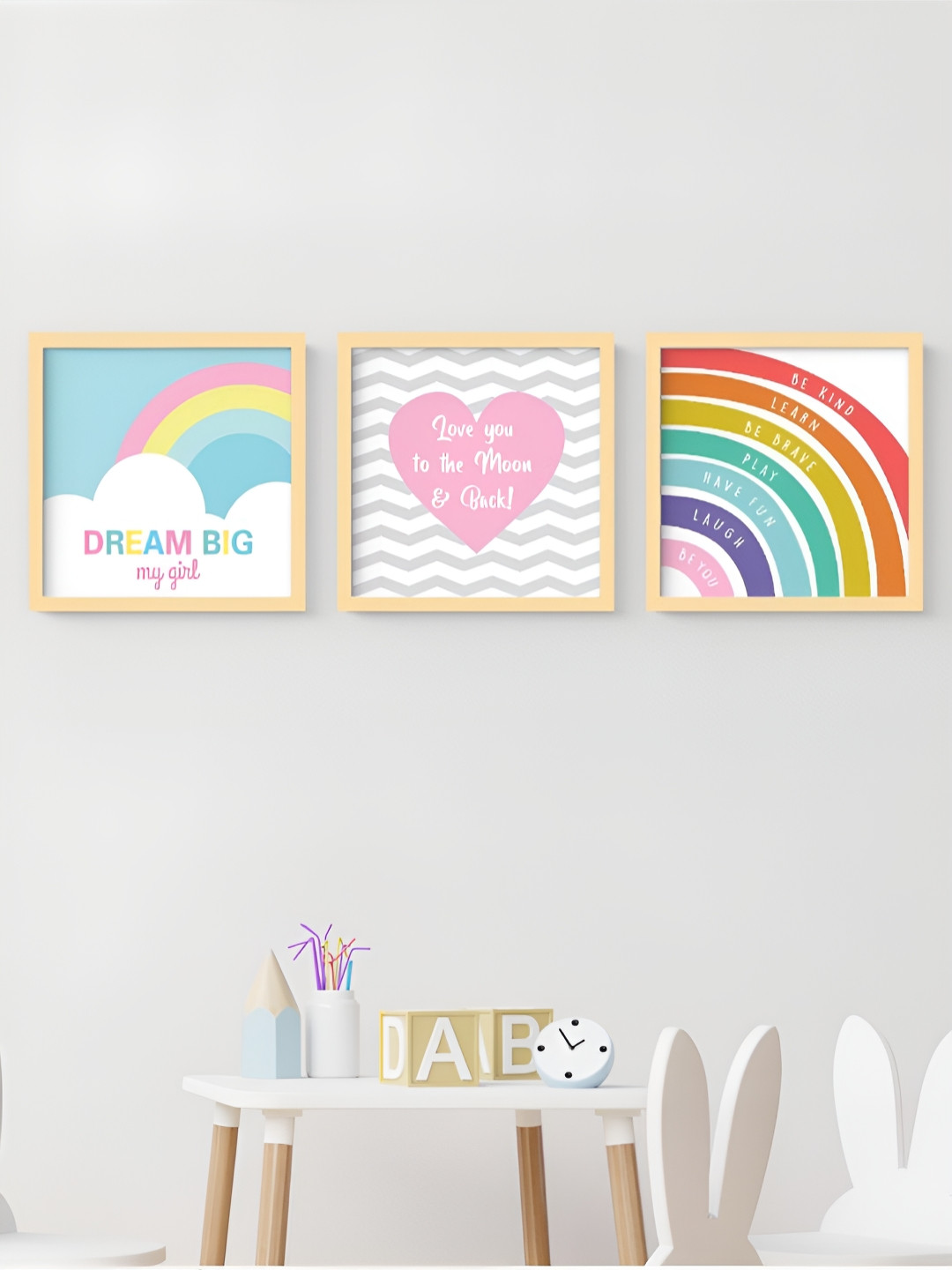 My Kids Wall Beige & White 3 Pieces Abstract Wall Art