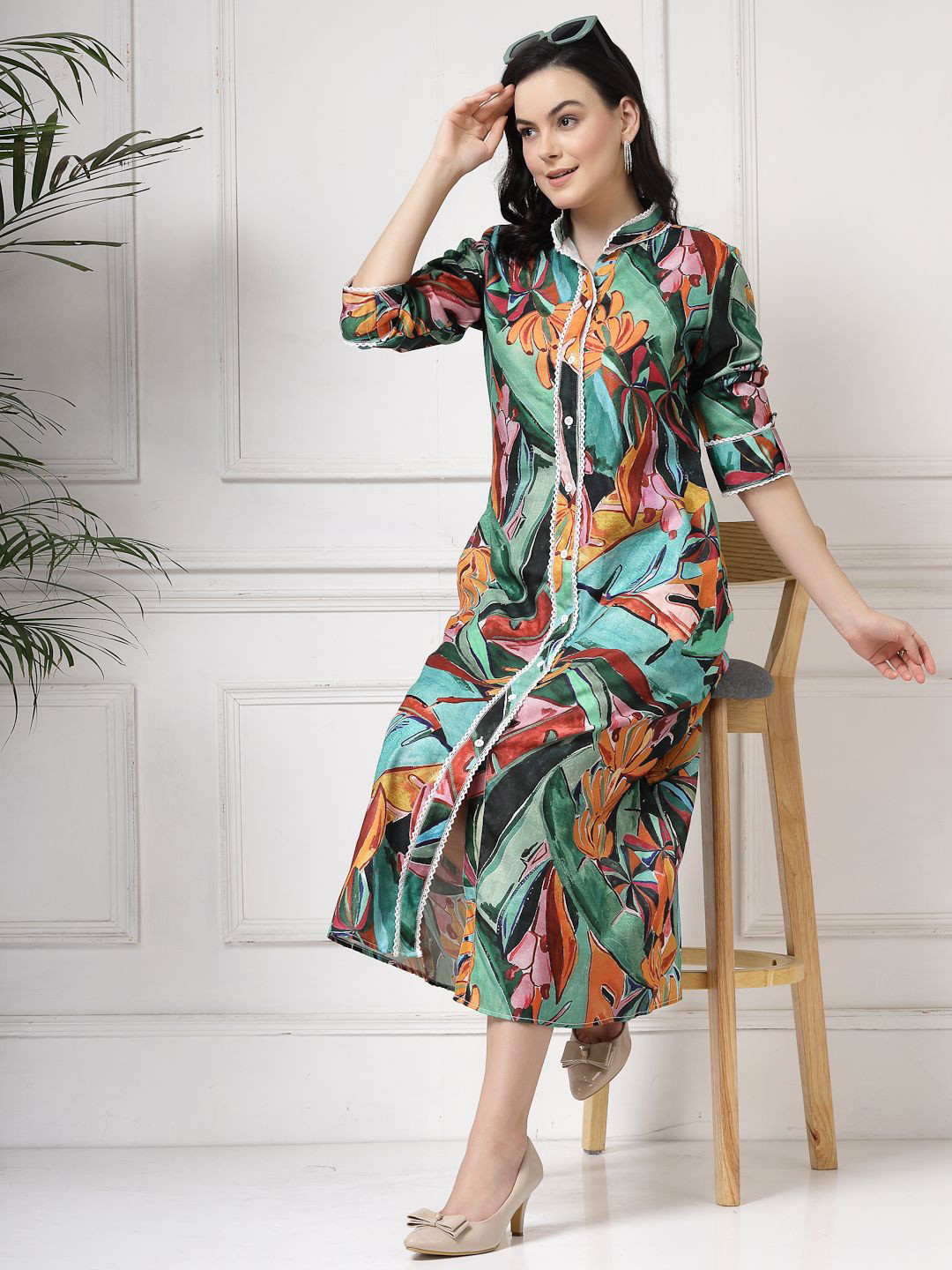 Get Glamr Tropical Print Linen A-Line Midi Dress