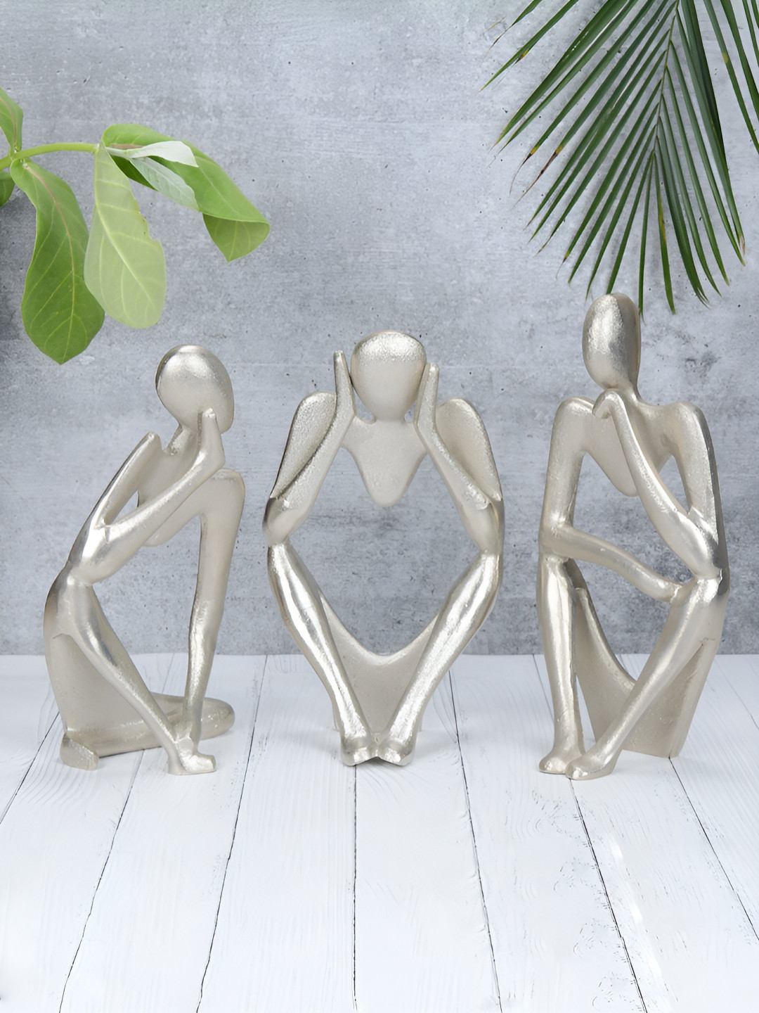 Maison Modern Hollow Man Silver Aluminium Metallic Home Office Set of 3 Medium Showpieces - 12.2 Inches
