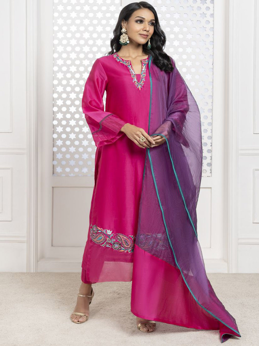 The Aarya RUMI Floral Embroidered Thread Work Chanderi Kurta With Trousers & Dupatta