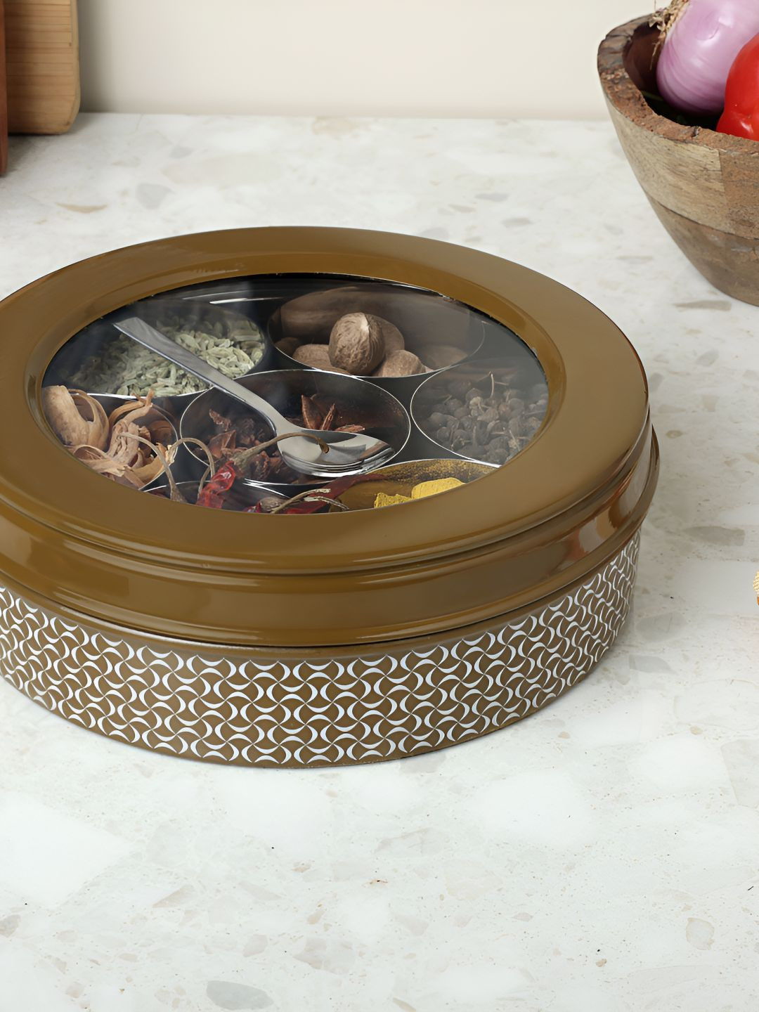 dudki Brown & White 7 in 1 Stainless Steel Dishwasher Safe Spice Box