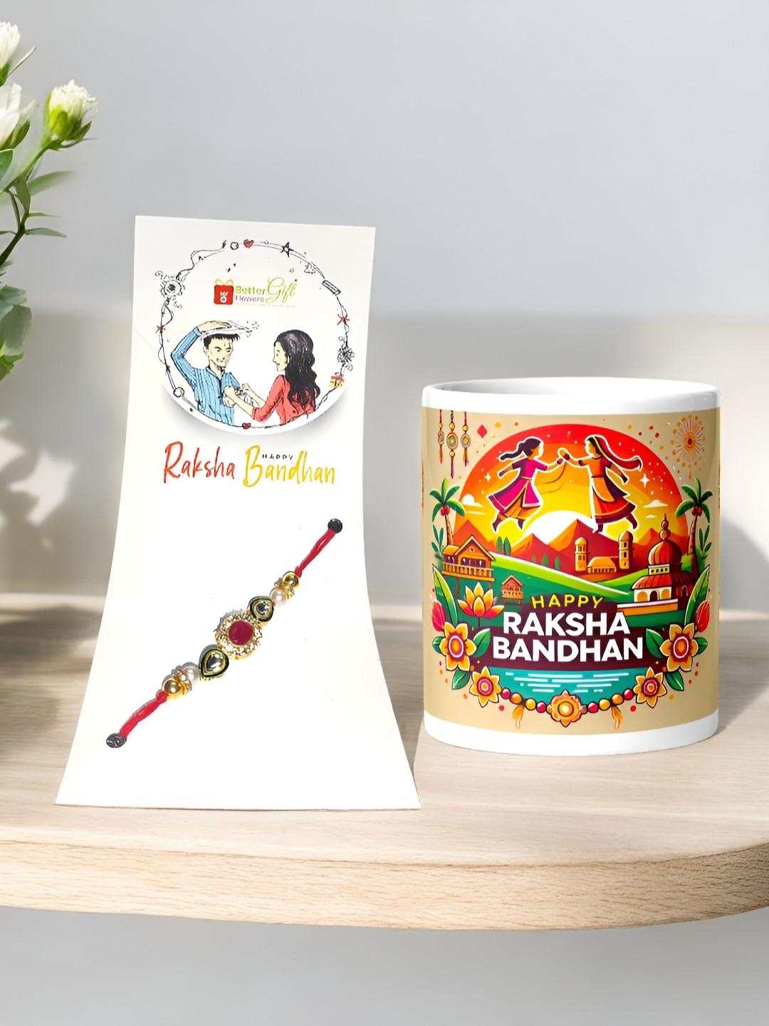 bettergiftflowers Kundan-Studded Rakhi With Customized Mug