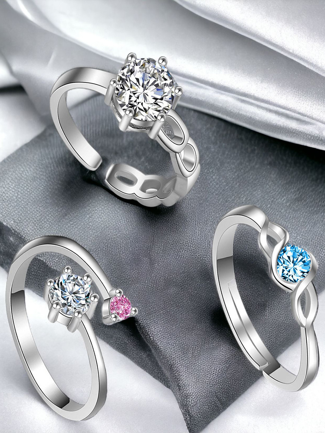 Okos Set Of 3 Rhodium-Plated Cubic Zirconia Studded Adjustable Finger Rings