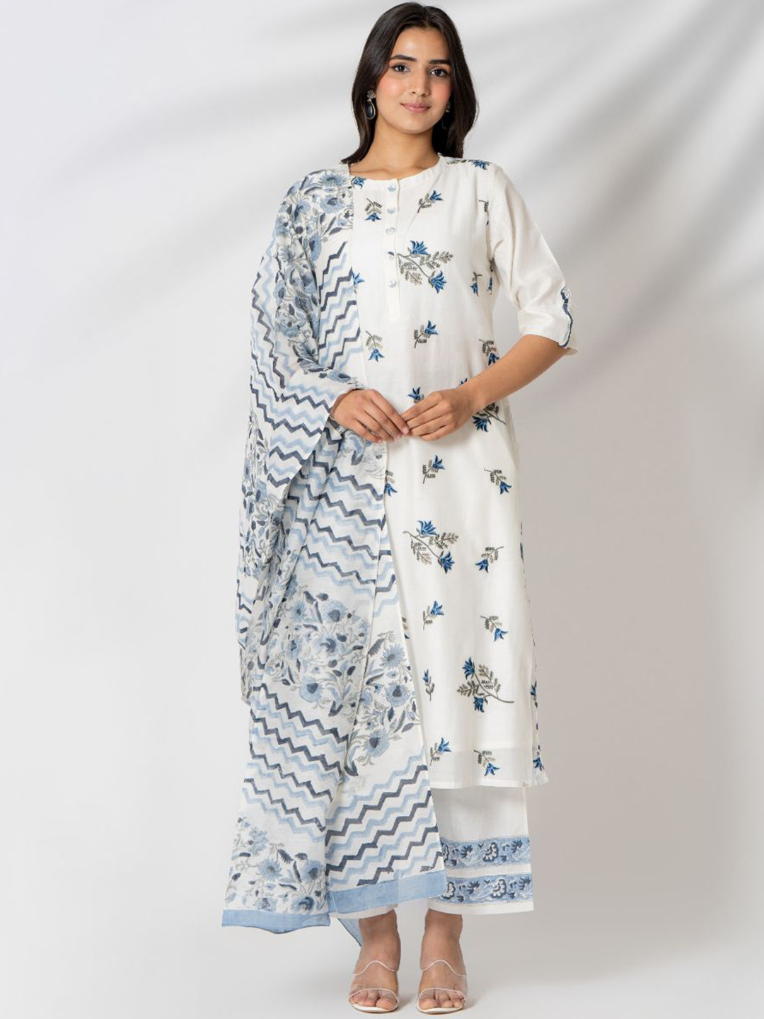 Kameez by Pooja Kejriwal Floral Embroidered Chanderi Silk Kurta With Trousers & Dupatta