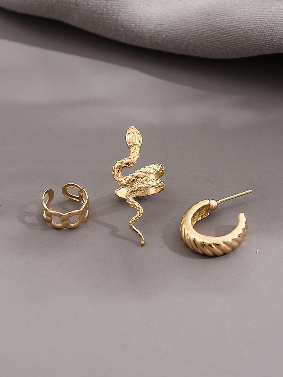 FIMBUL Set Of 3 Gold-Plated Geometric Snake Shaped 3 Pieces Stud And Ear Cuff Earrings