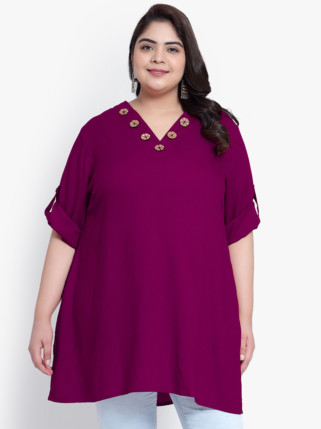 Indietoga Women Plus Size Solid Rayon Roll-Up Sleeves Longline Top with Pockets