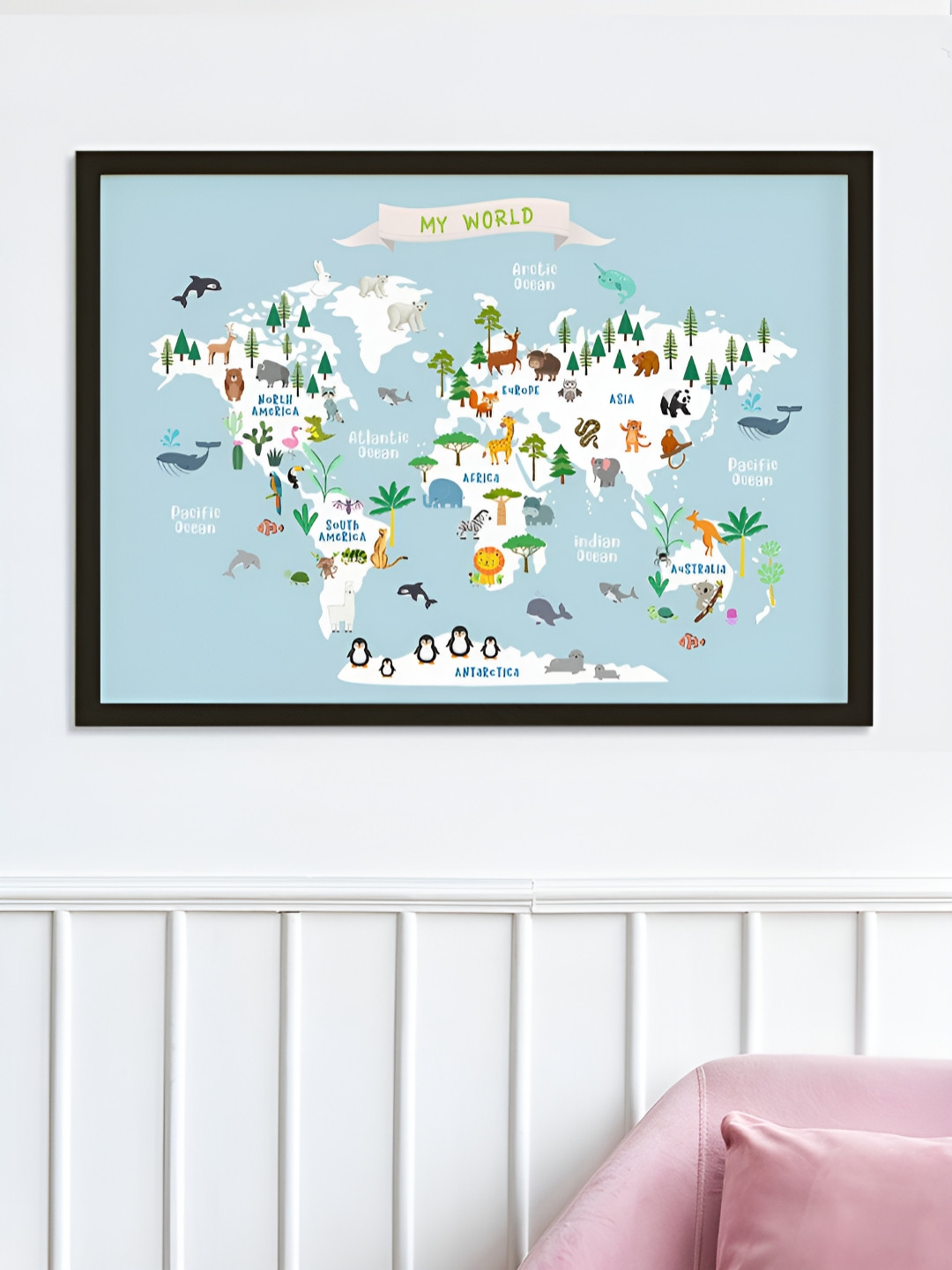 My Kids Wall Educational Animal World Map Wood Wall Paintings Wall Art -12.79 x 17.51In