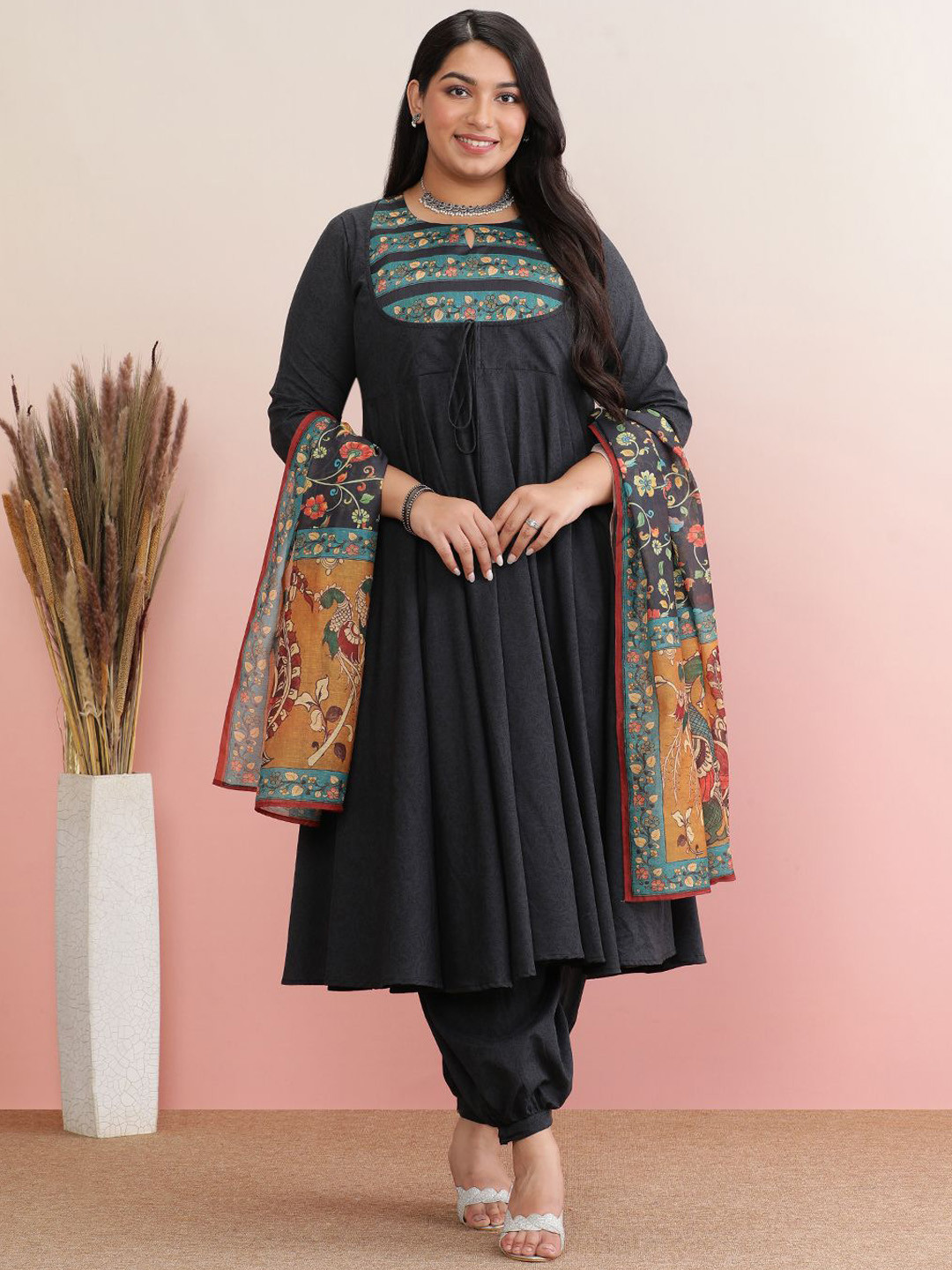 anayna Floral Yoke Design Chanderi Cotton Anarkali Kurta With Dhoti Pants & Dupatta
