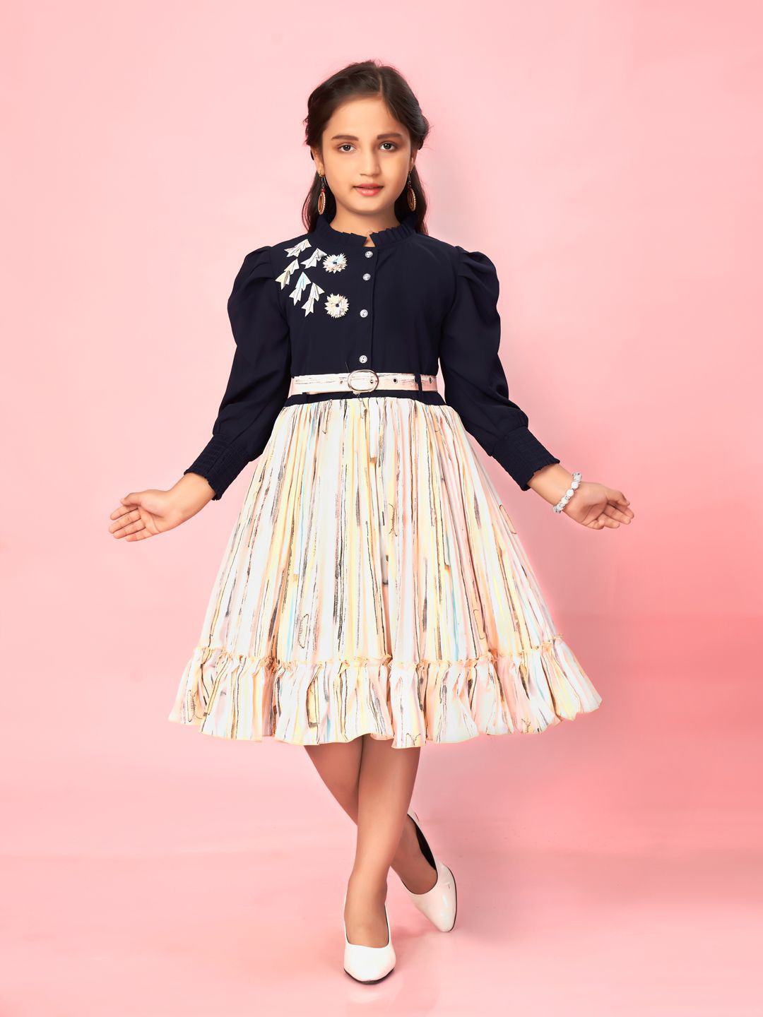 BAESD Girls Embroidery Puff Sleeve Georgette A-Line Dress Comes with a belt