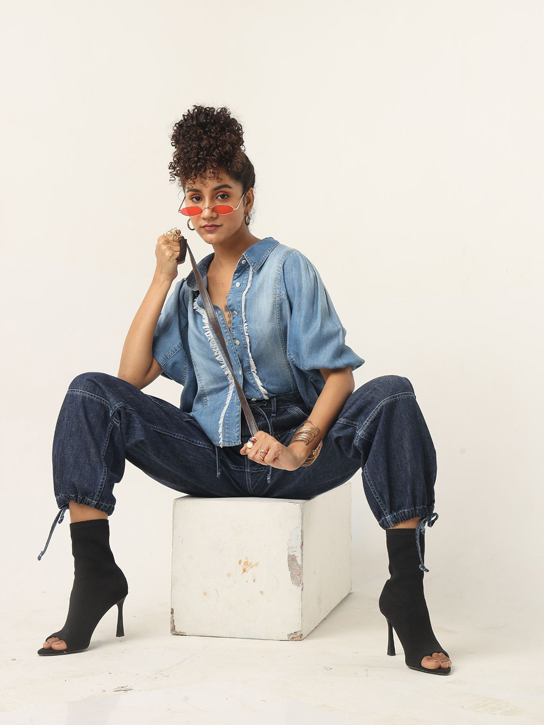 DAYER Tie-Up Neck Puff Sleeve Cotton Denim Top