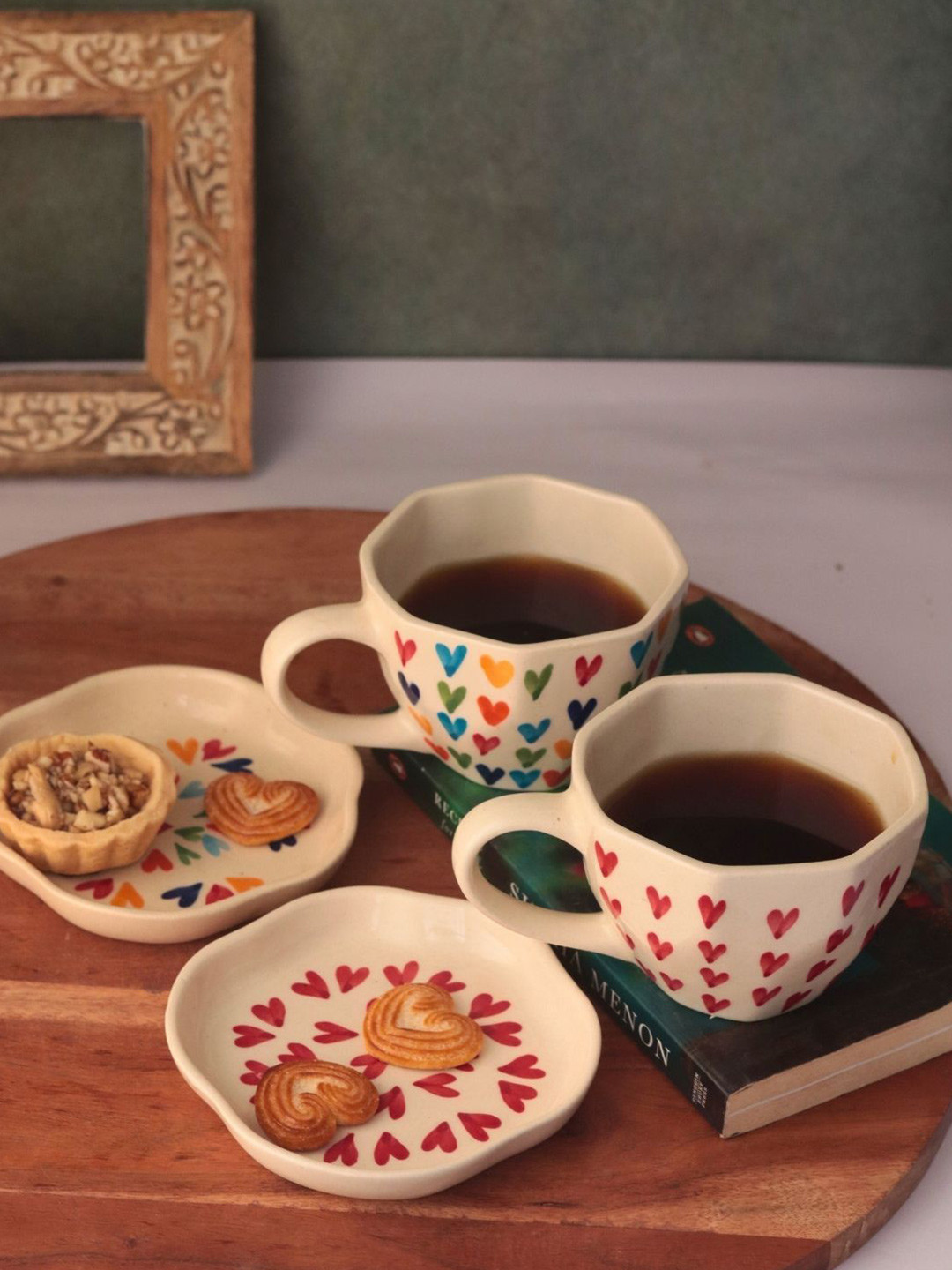 WEAVING HOMES Beige Conversational Ceramic Microwave Safe 2 Piece Cup with 2 Dessert Plate-220ml