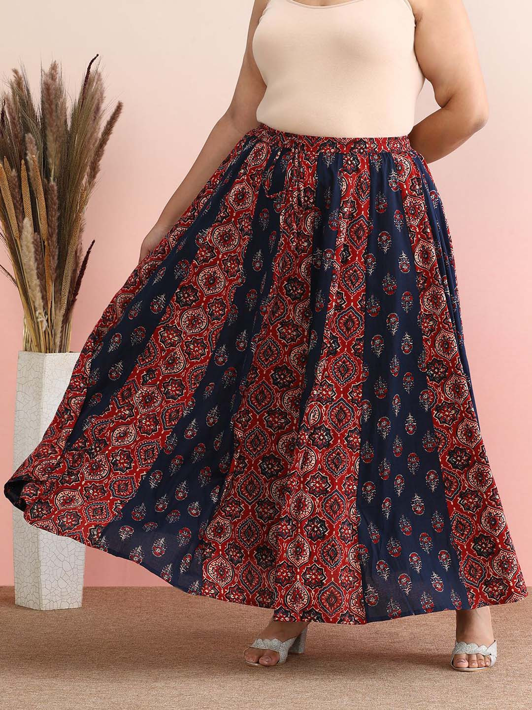 anayna Ethnic Printed Cotton Flared Plus Size Maxi Skirts