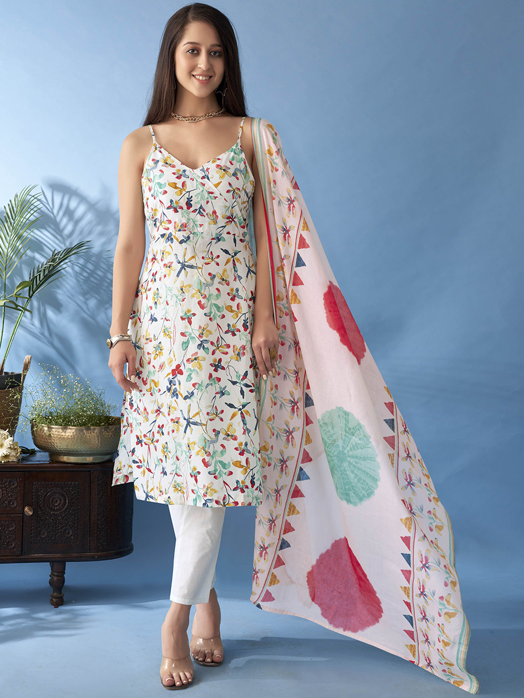 Anouk White & PinkFloral Printed Shoulder Straps Pure Cotton Kurta with Trousers & Dupatta