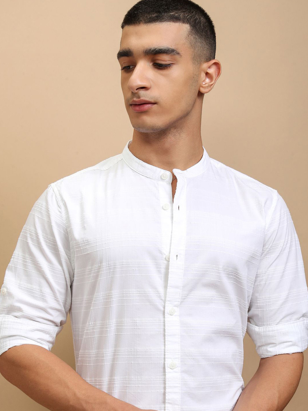 Highlander Men Chenile Yarn Dobby Textured Mandarin Collar Regular Fit Shirt