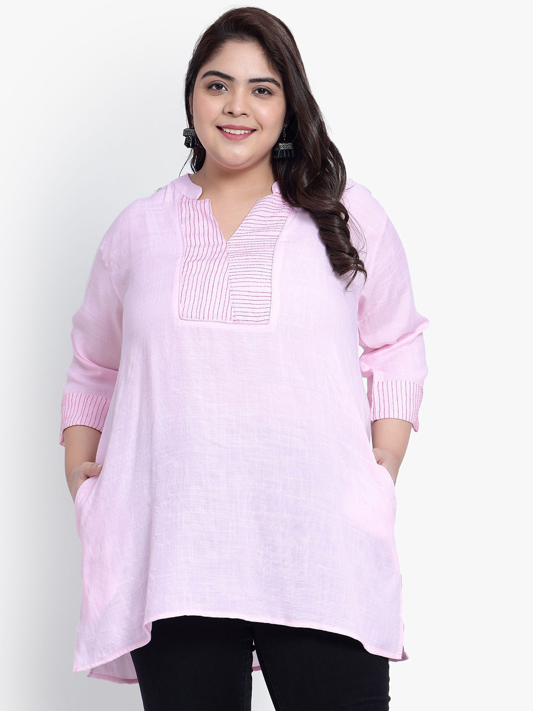 Indietoga Women Plus Size Embroidered Cotton Longline Top with Pockets