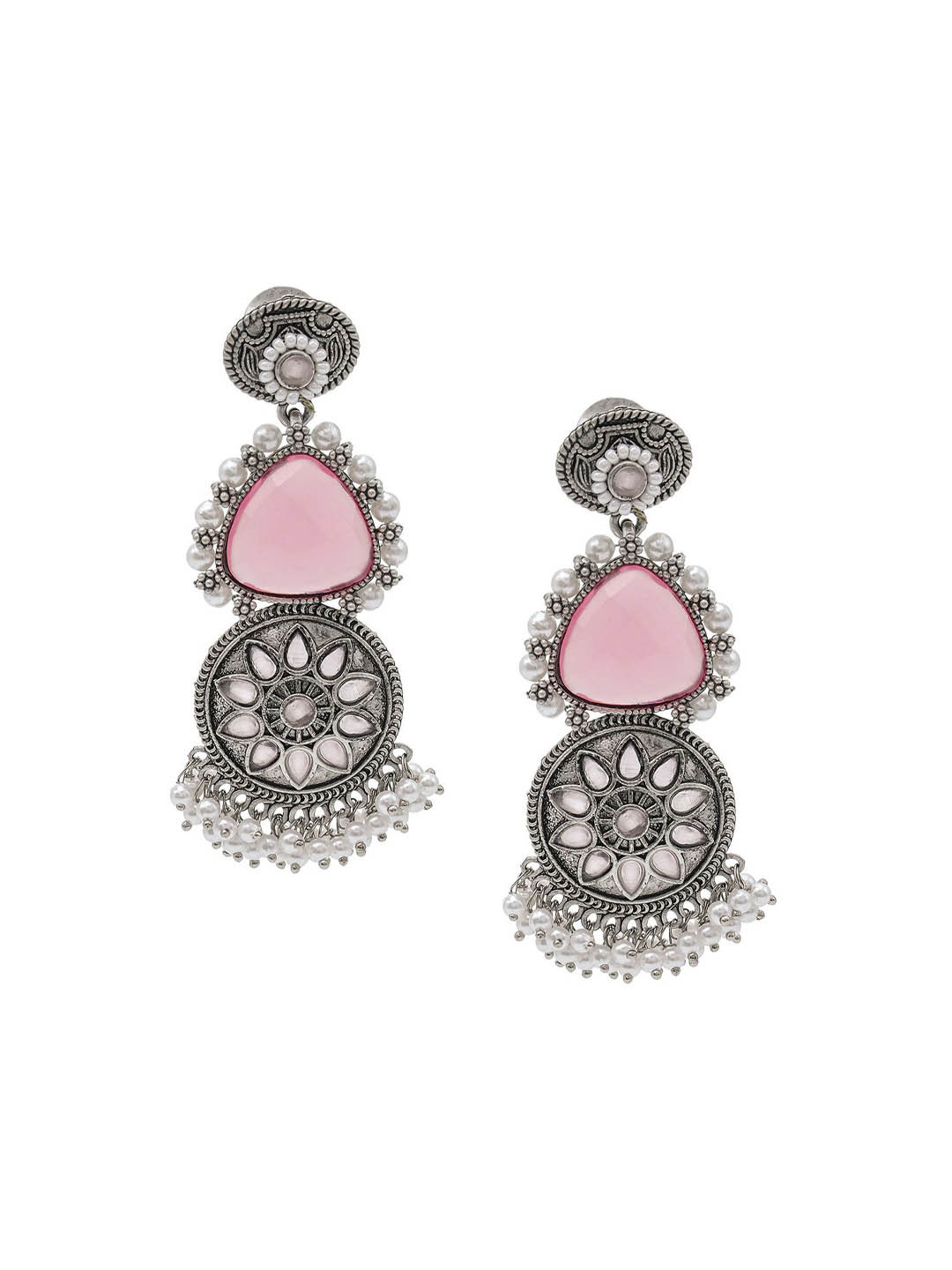 Shining Jewel - By Shivansh Matte Silver Plated Oxidised Crystal & Beaded Drop Earrings