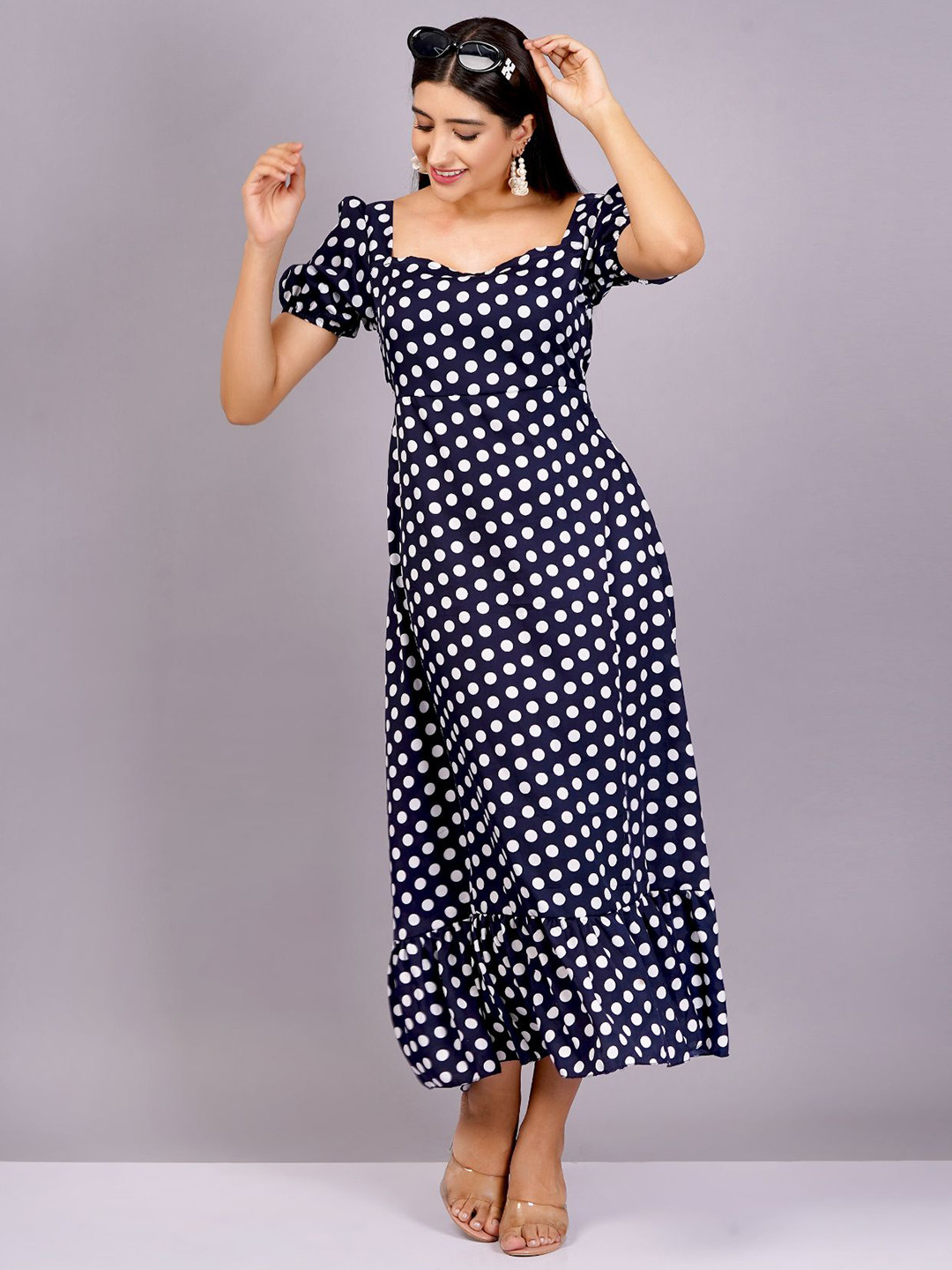 HIGHLIGHT FASHION EXPORT Polka Dot Print Puff Sleeve Crepe Maxi Dress