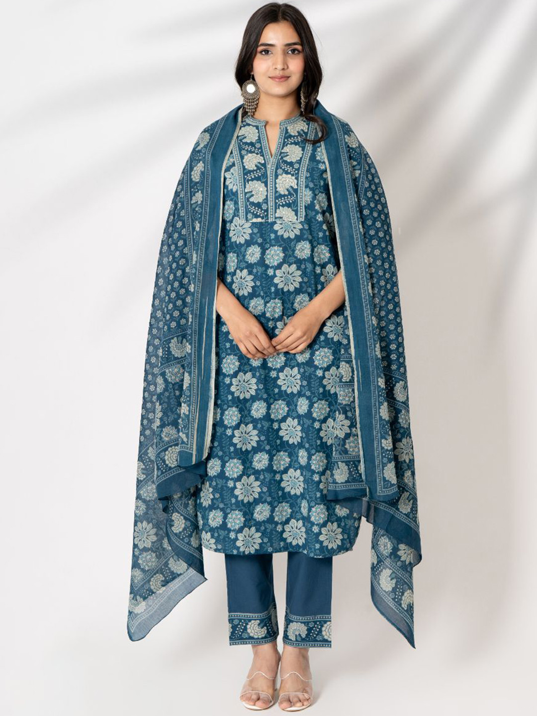 Kameez by Pooja Kejriwal Floral Printed Pure Cotton Straight Kurta With Trousers & Dupatta