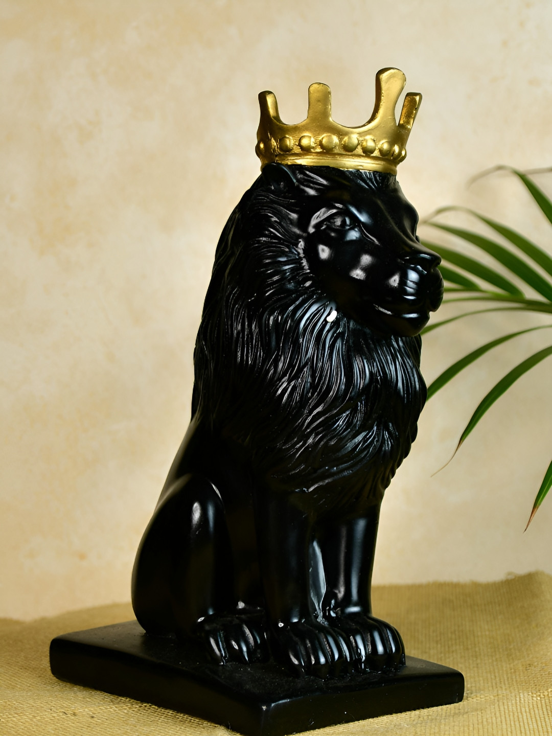 SOWPEACE Lion Black Polyresin Glossy Living Room Medium Showpiece - 6.5 Inches