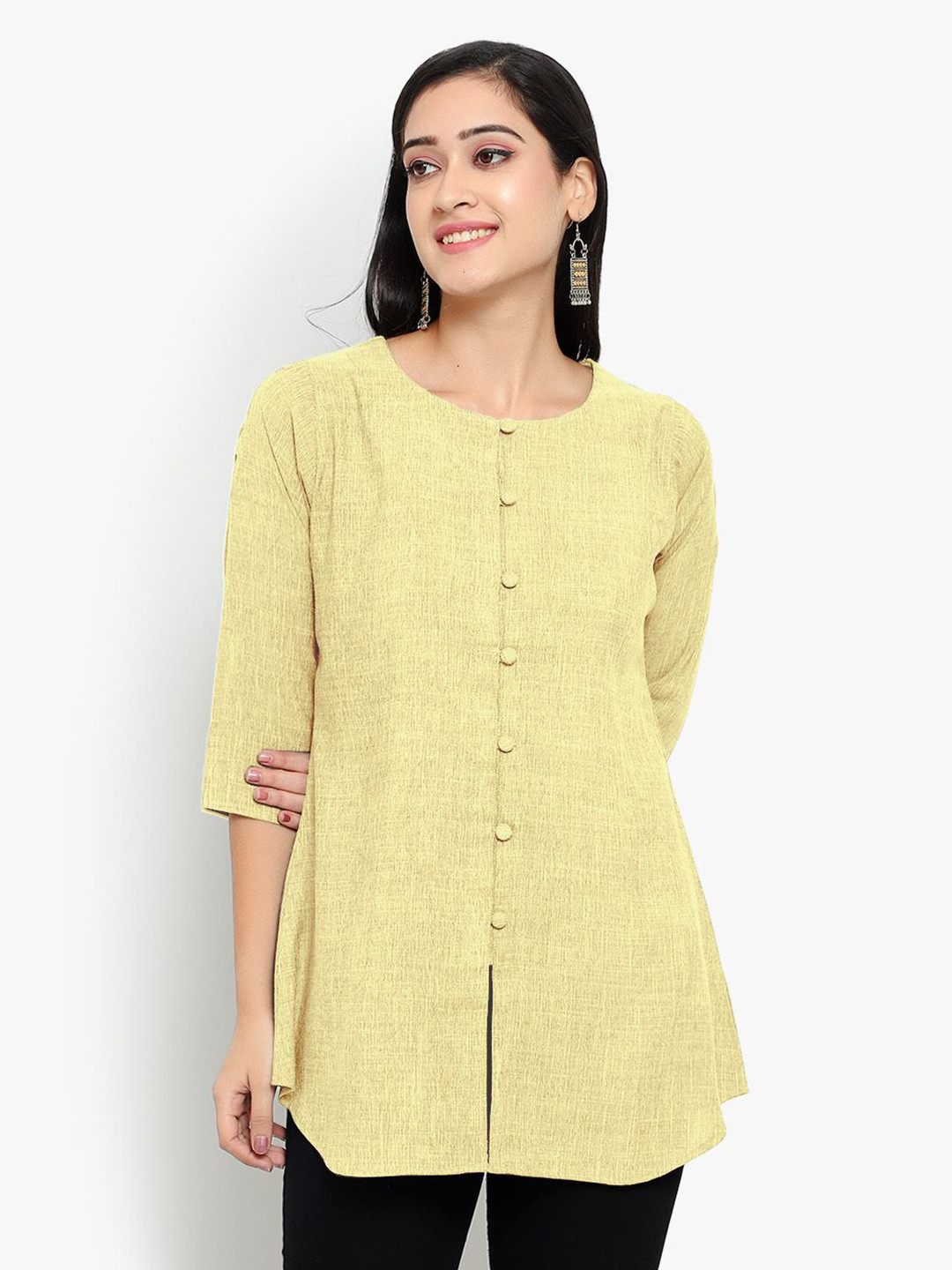 Indietoga Solid Cotton Linen Longline Tunic Top