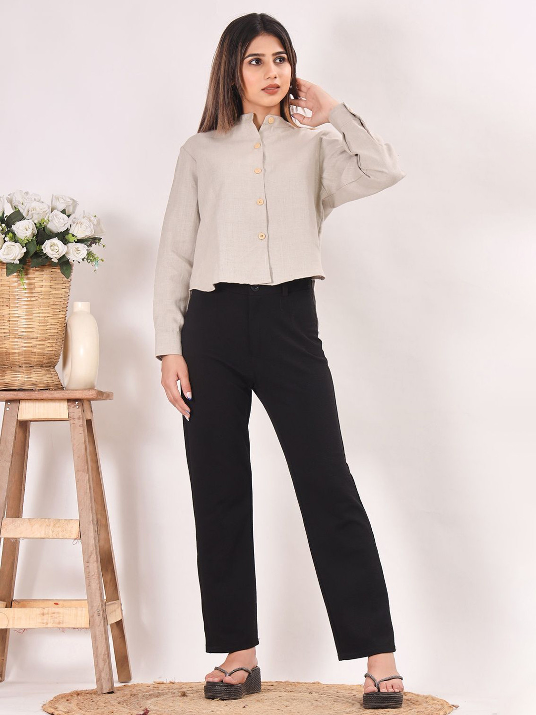 SIDDHO HUM Women Band Collar Solid Pure Linen Casual Shirt