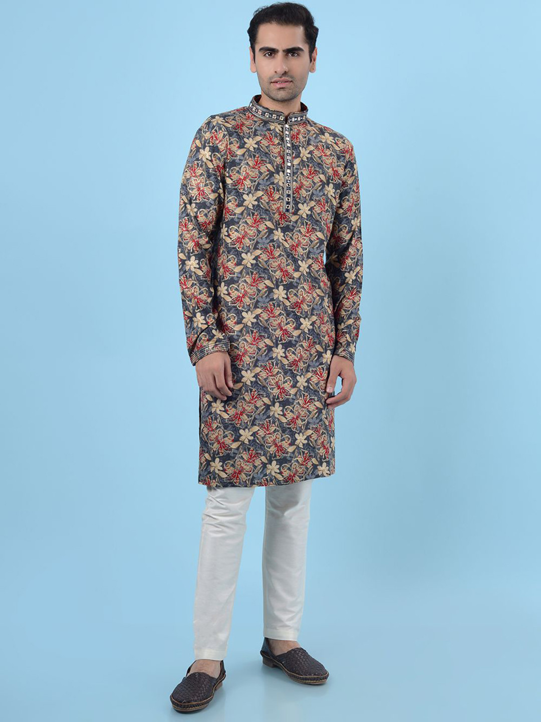 azania Floral Printed Mirror Work Mandarin Collar Straight Kurta with Pyjamas