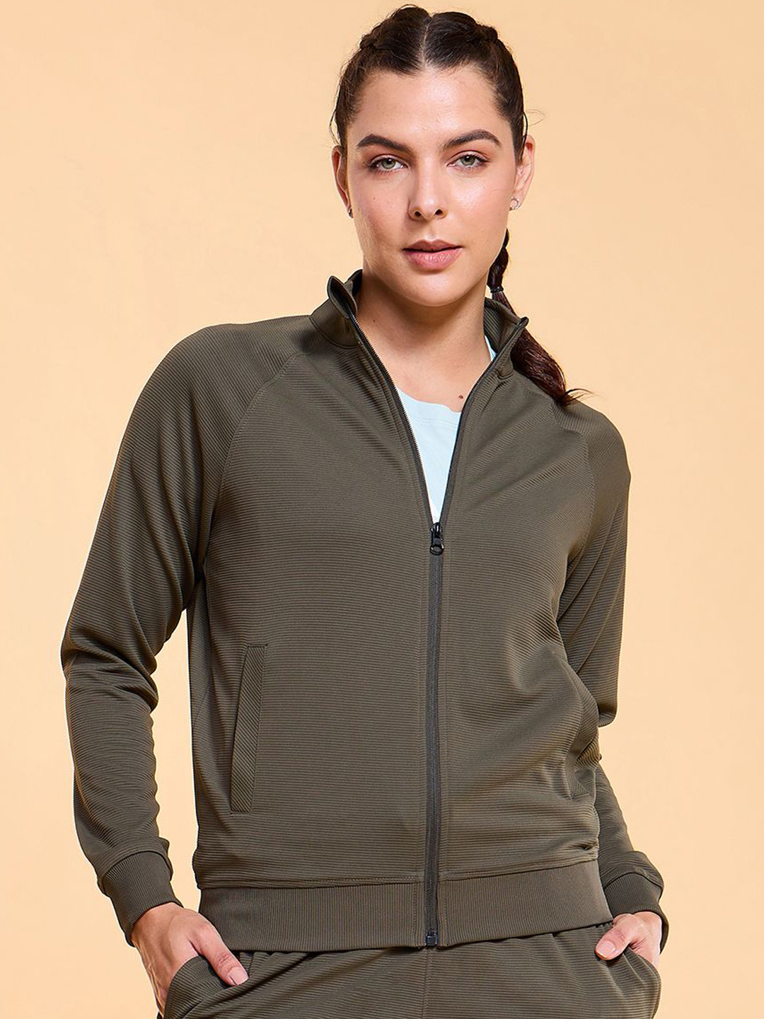 Enamor Ottoman Textured High Neck Relaxed Fit Regular Length Jacket A906