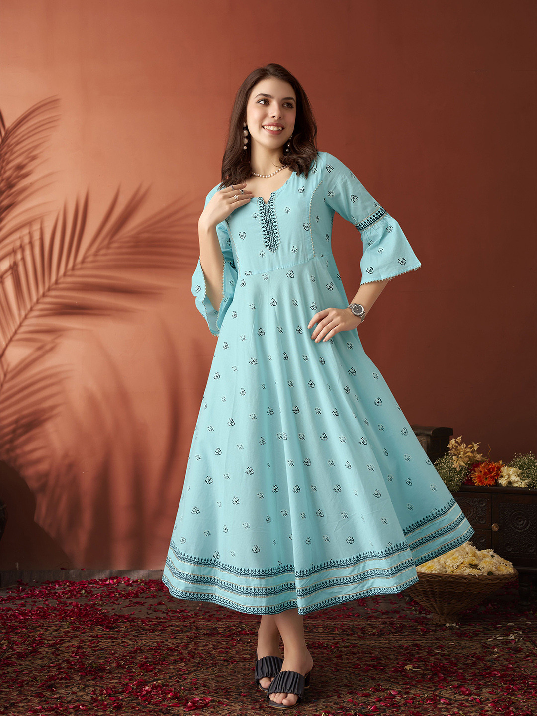 Anouk Turquoise Blue Ethnic Motif Maxi Dress
