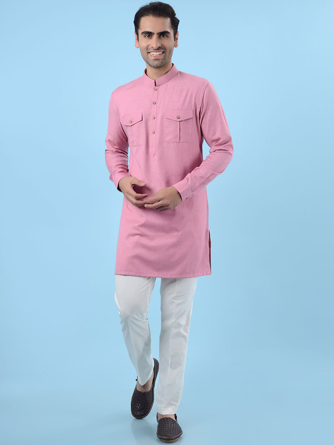 azania Striped Self Design Mandarin Collar Pathani Kurta with Trousers
