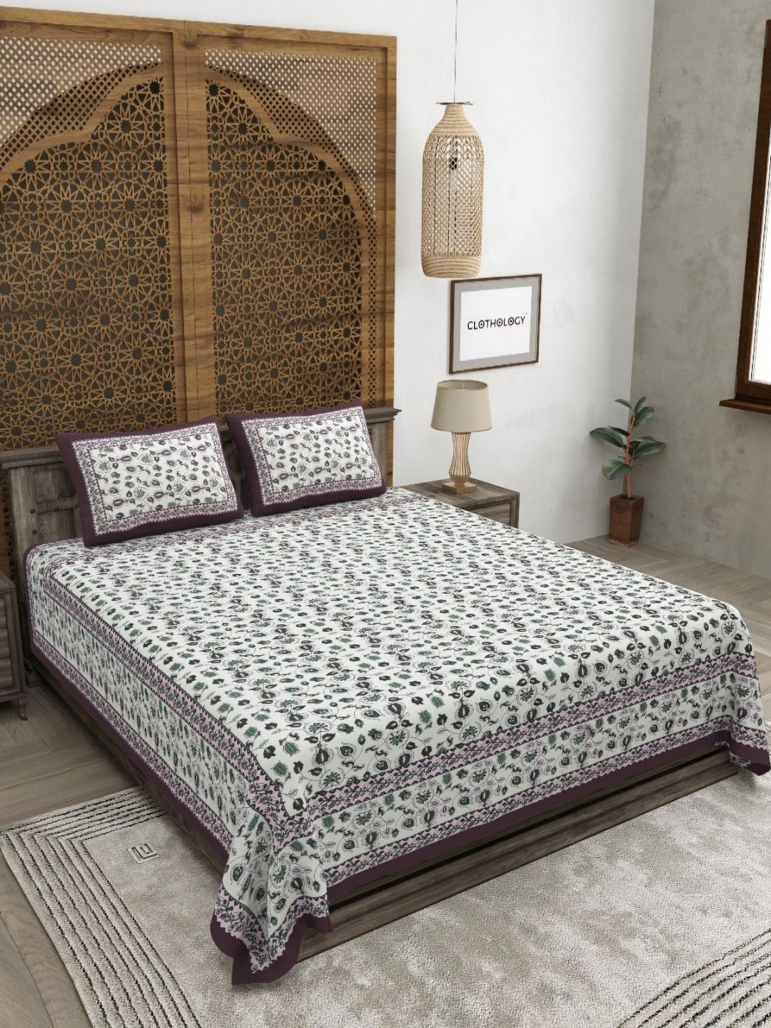 CLOTHOLOGY Signature White Floral Cotton 180 TC King Fine Bedsheet with 2 Pillow Covers-17 x 28 inches