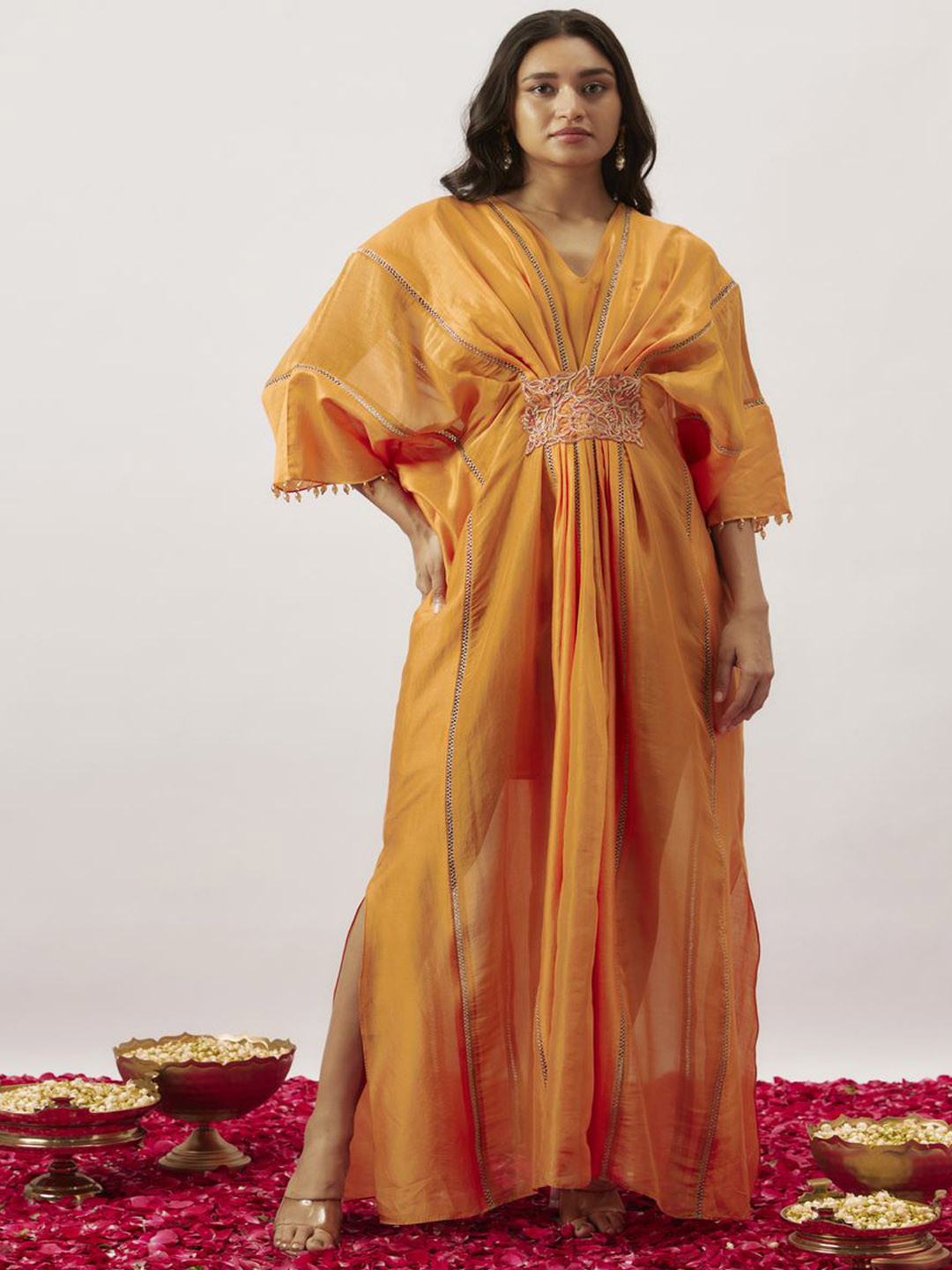 The Aarya Solid Embroidered Lace Inserts Kaftan Maxi Ethnic Dress