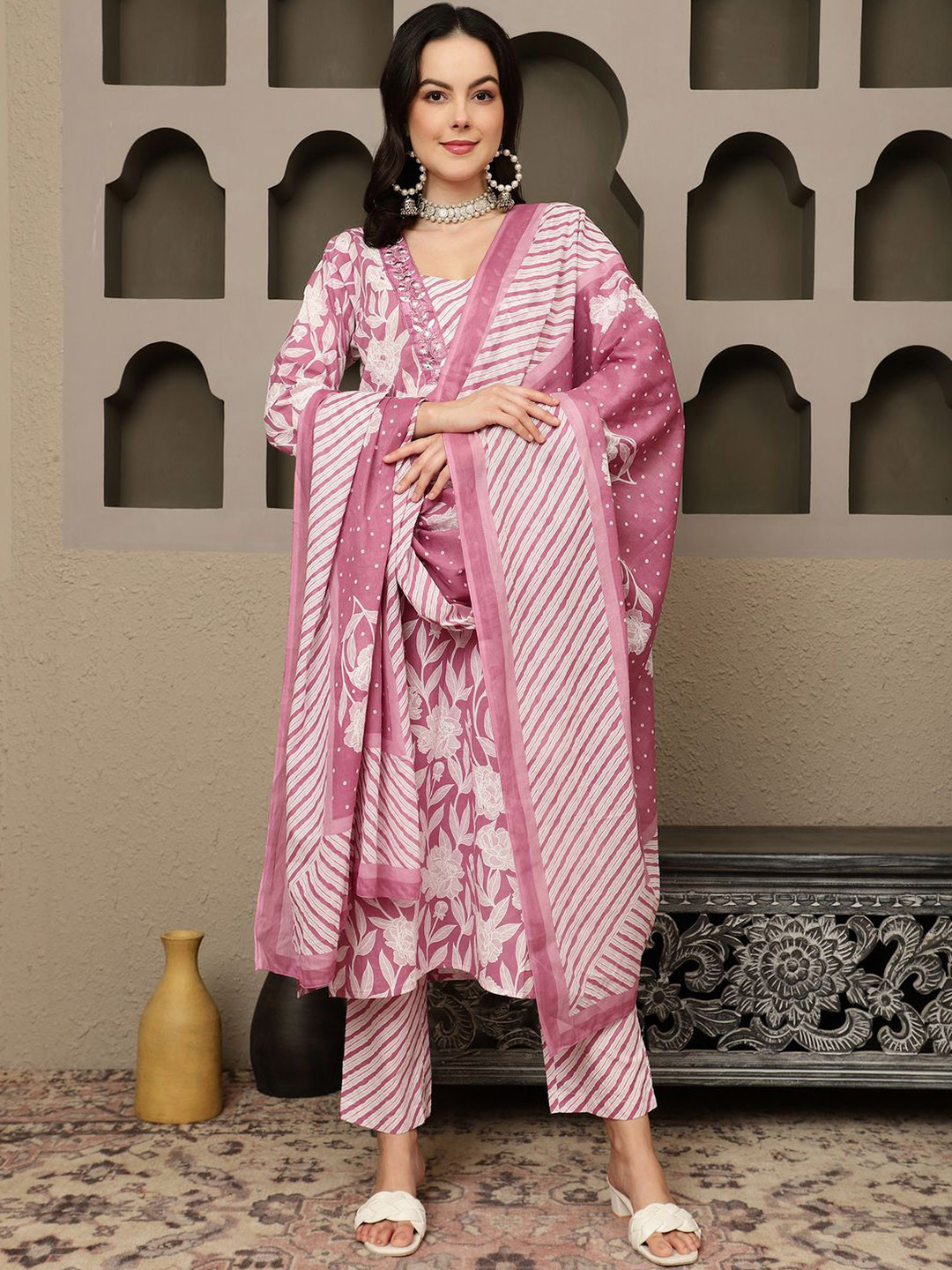BANDIA Floral Printed Mirror Work Pure Cotton Straight Kurta With Trousers & Dupatta