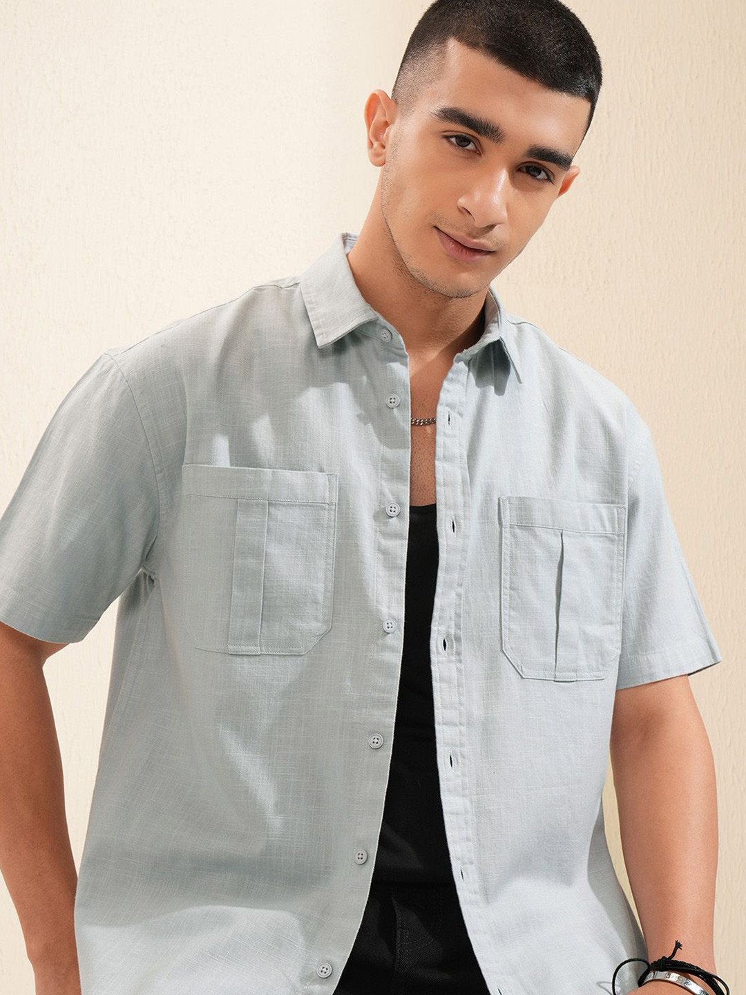 Highlander Men Dusty Solid Safari Stylised Pocket Relaxed Shirt