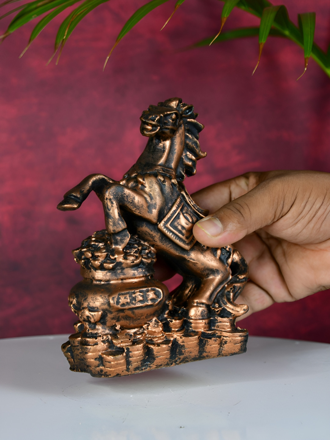 SOWPEACE Coin Horse Holder Brown Polyresin Glossy Living Room Medium Showpiece - 10.8 Inches