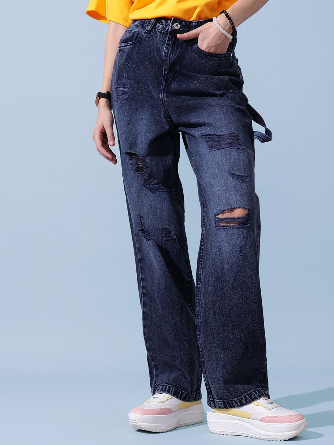 STREET 9 Women Comfort Slash Knee Light Fade Wide Leg Cotton Denim Jeans