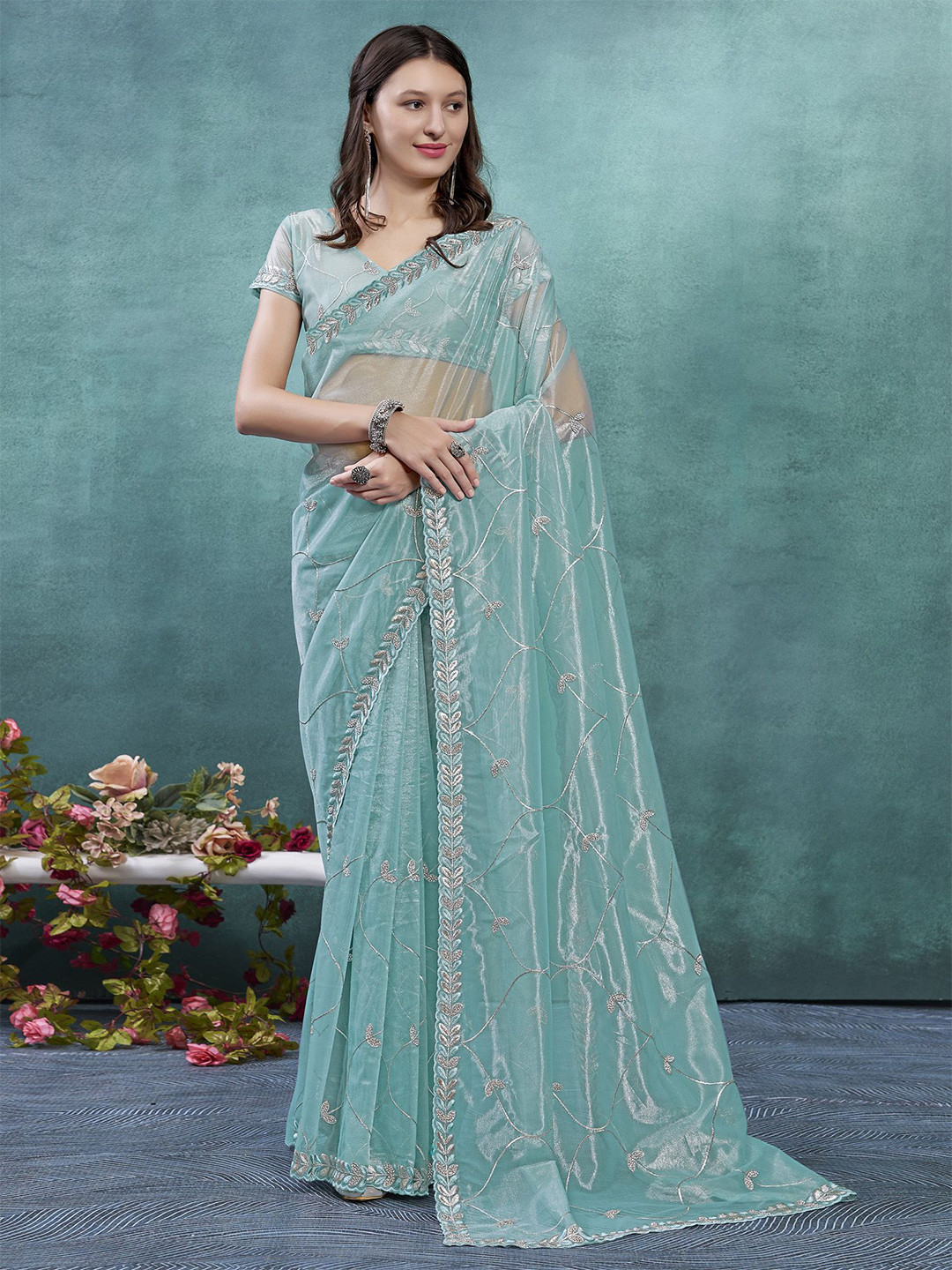 Mitera Embellished Embroidered Organza Saree