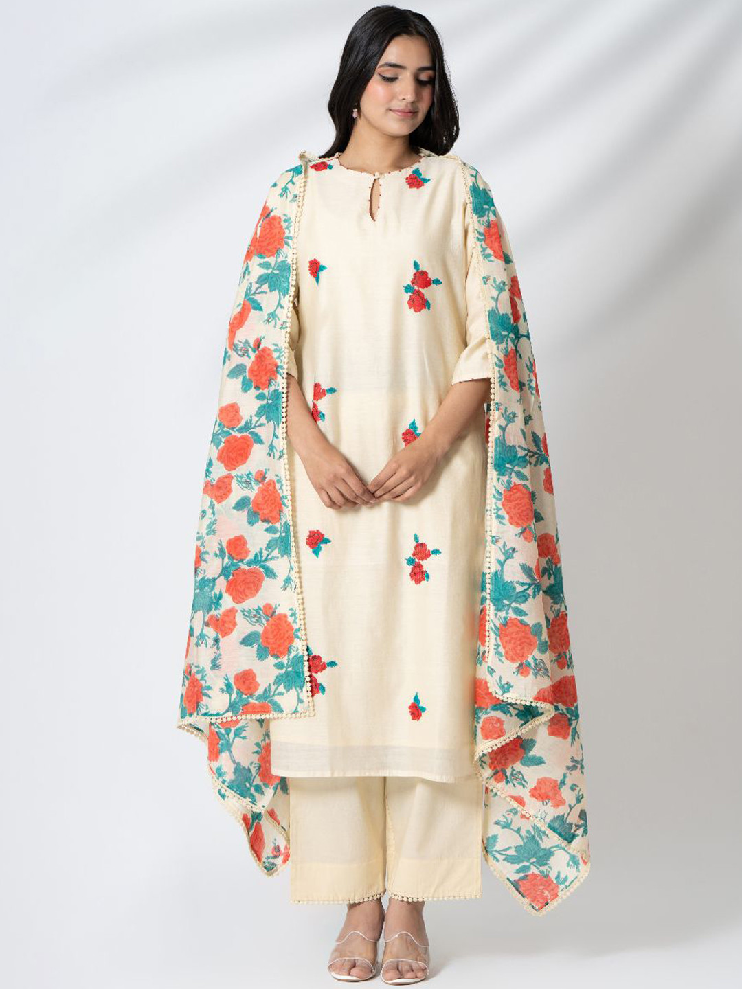Kameez by Pooja Kejriwal Floral Embroidered Chanderi Silk Kurta With Trousers & Dupatta