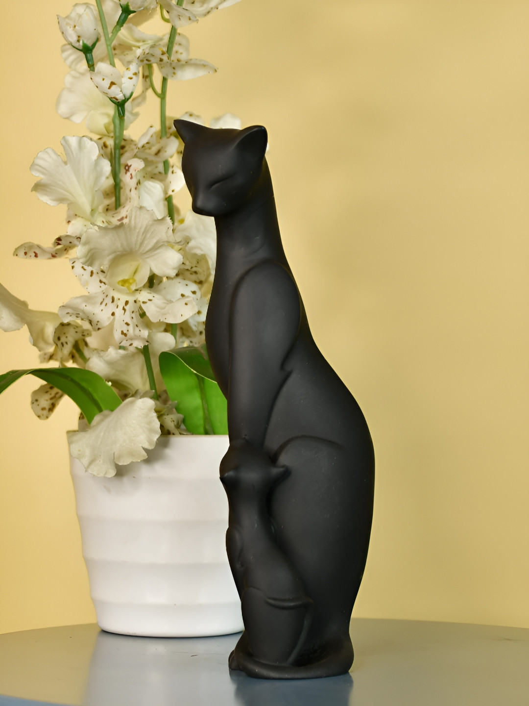 SOWPEACE Cat and Mom Black Polyresin Matte Living Room Medium Showpiece - 2.6 Inches