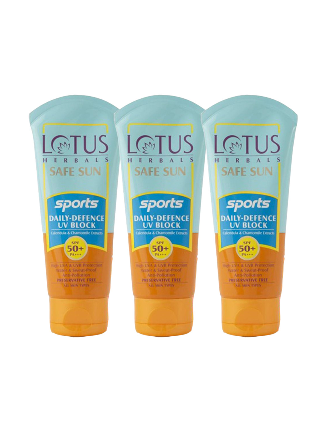 Lotus Herbals Safe Sun Set Of 3 Sports Daily Defense Uv Block SPF 50 Sunscreen - 50g each
